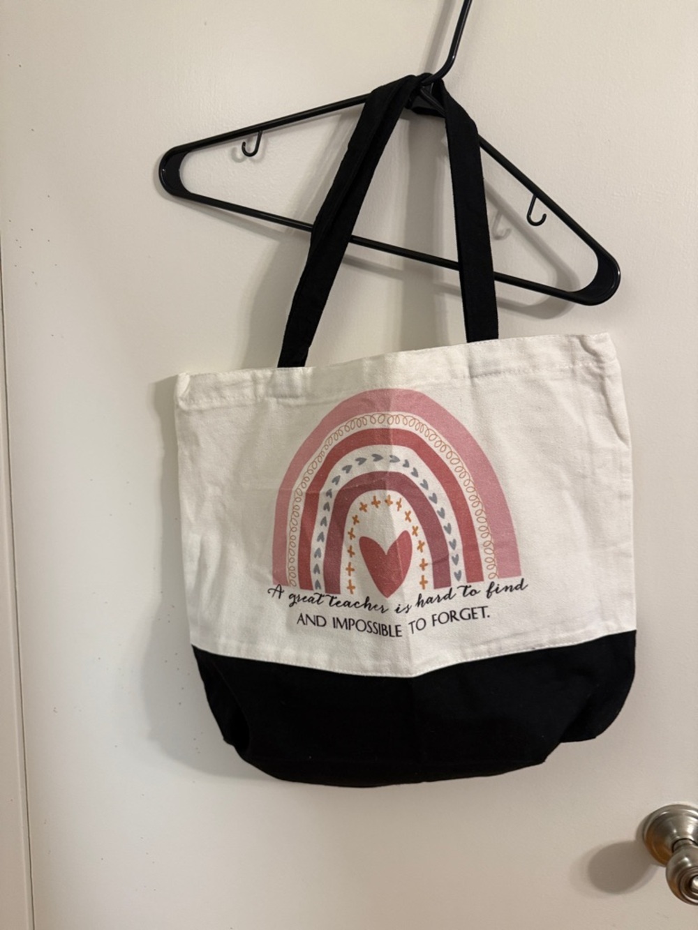 Canvas Teacher Tote with Pink Rainbow Graphic and Black Base